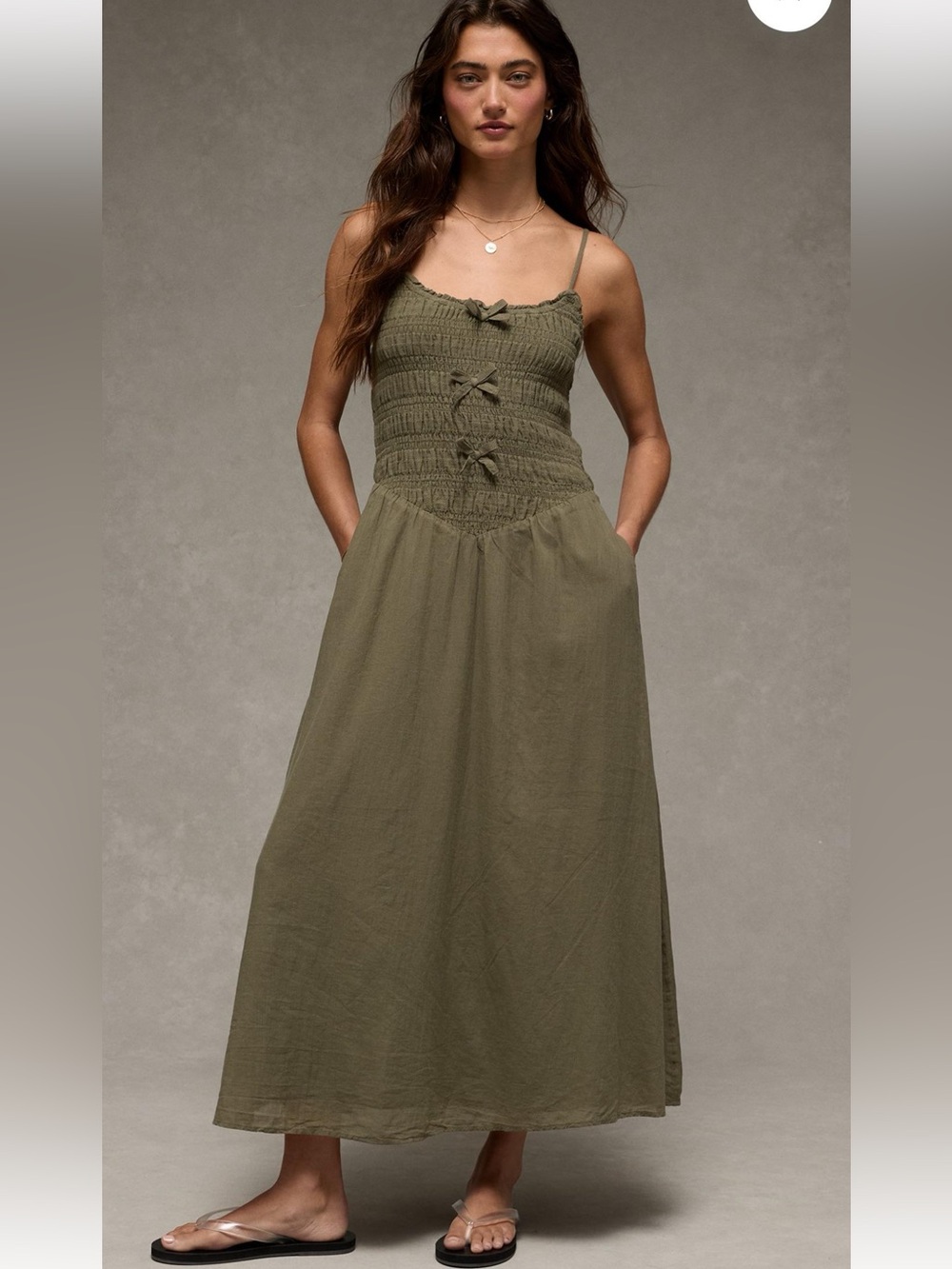 American Eagle Olive Green Smocked Bow Front Maxi Dress NEW XL Cottagecore